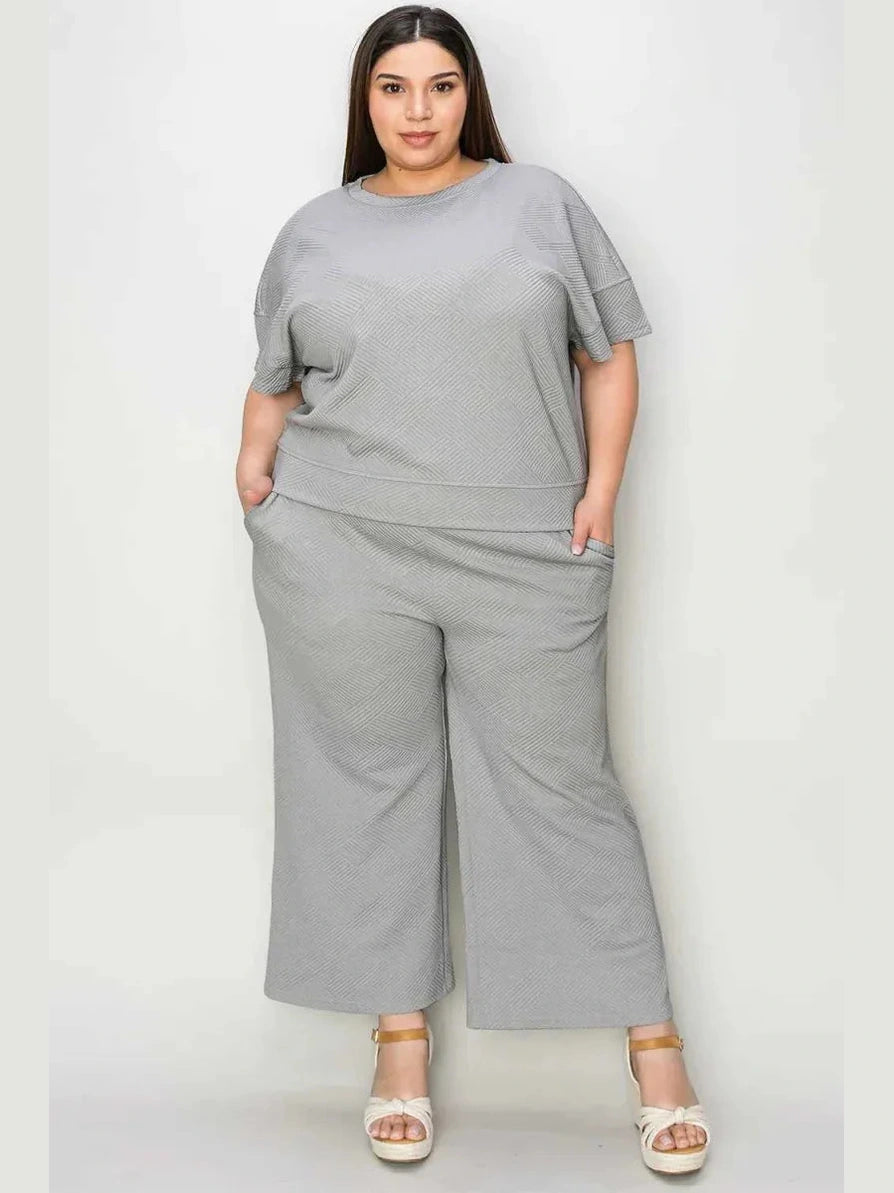 Double Take Full Size Texture Short Sleeve Top and Pants Set -- 
