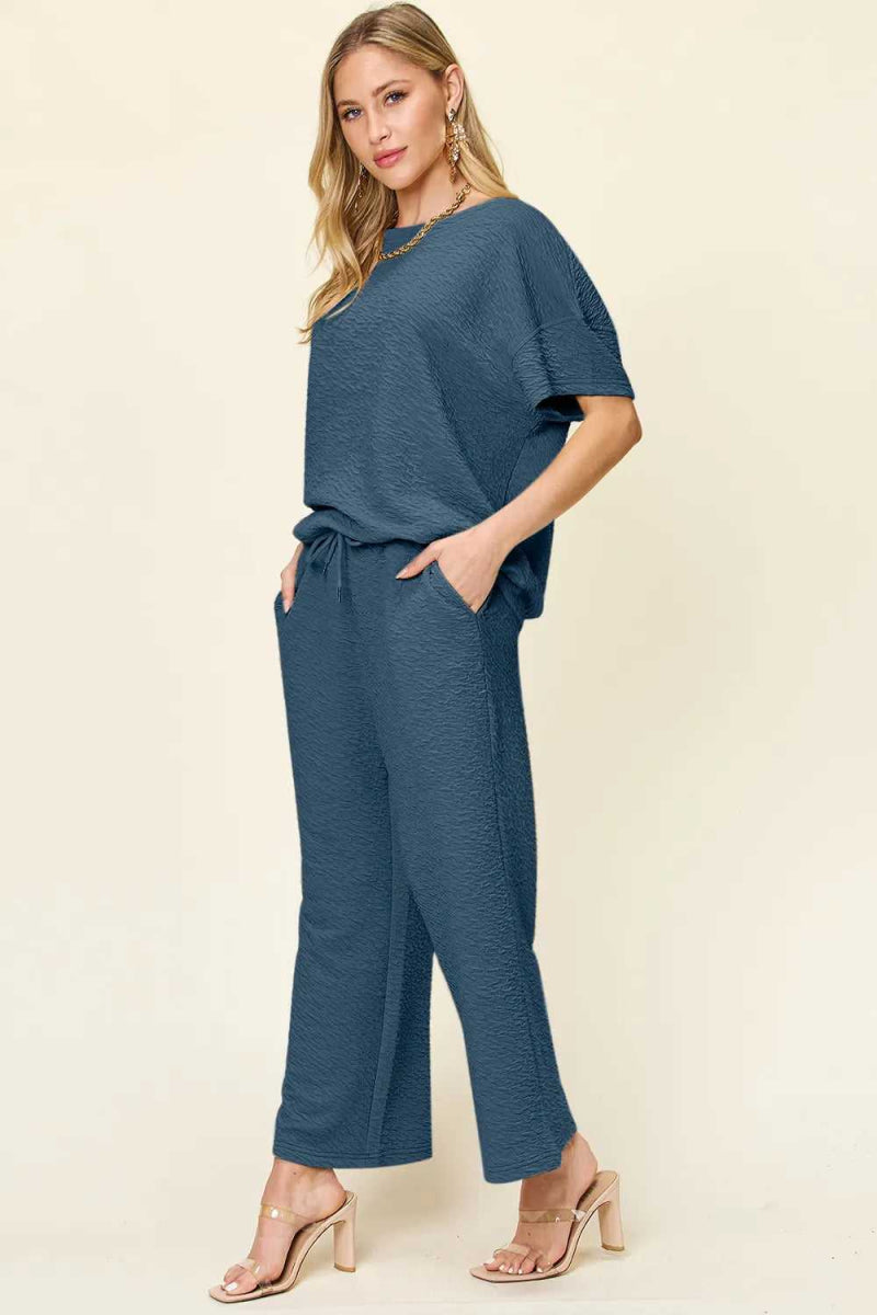 Double Take Full Size Texture Short Sleeve Top and Pants Set - Hopeford Streams