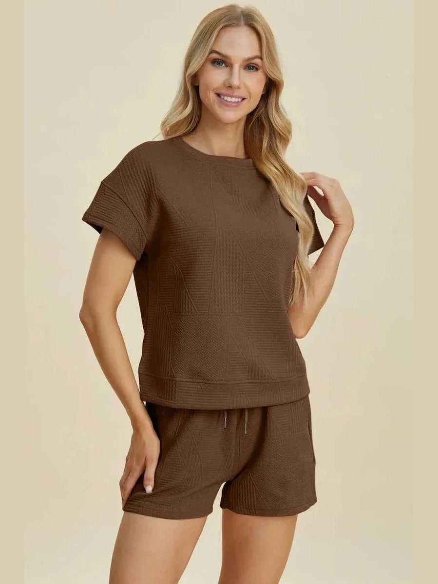 Double Take Full Size Texture Short Sleeve Top and Shorts Set -- 