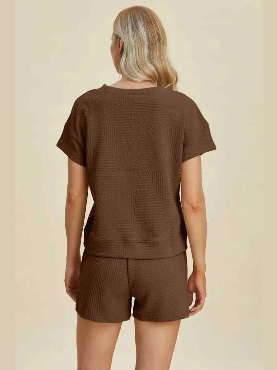 Double Take Full Size Texture Short Sleeve Top and Shorts Set -- 