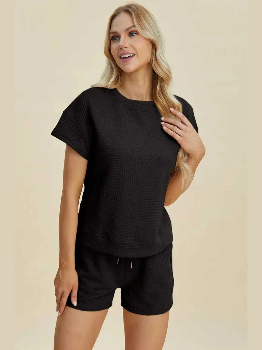 Double Take Full Size Texture Short Sleeve Top and Shorts Set -- 