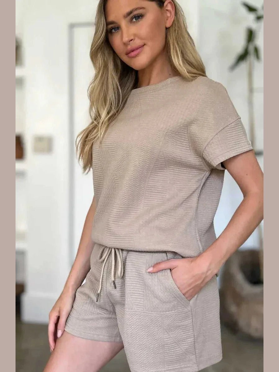Double Take Full Size Texture Short Sleeve Top and Shorts Set -- 