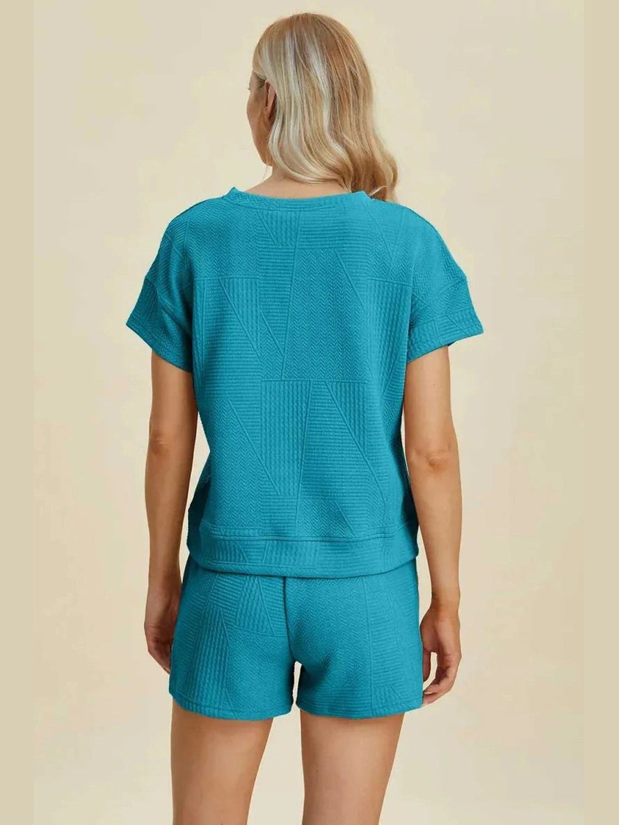 Double Take Full Size Texture Short Sleeve Top and Shorts Set -- 