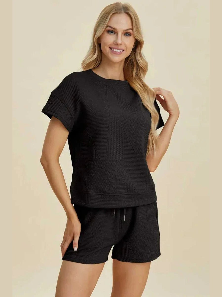 Double Take Full Size Texture Short Sleeve Top and Shorts Set -- 