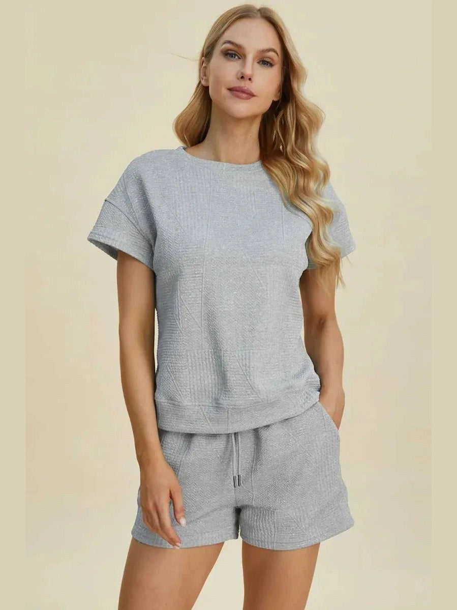 Double Take Full Size Texture Short Sleeve Top and Shorts Set -- 