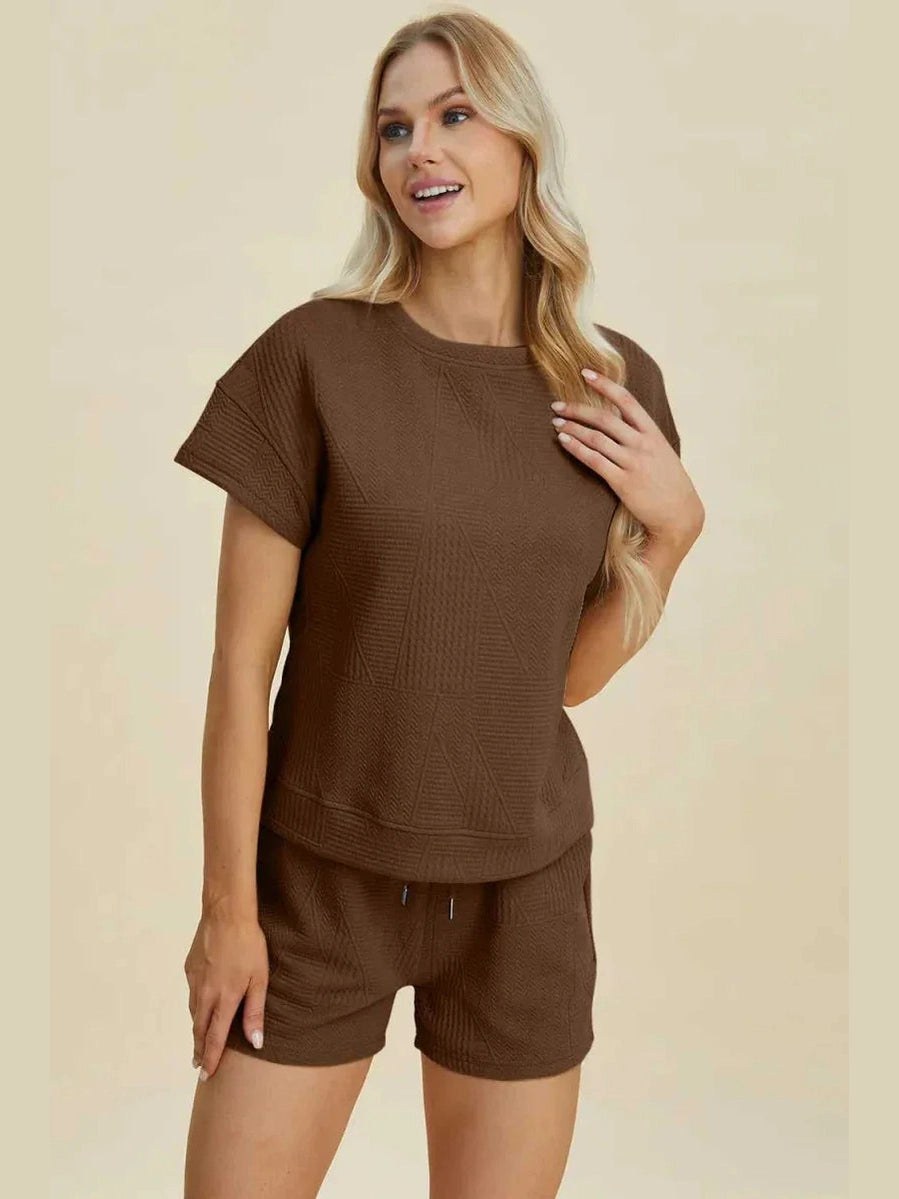 Double Take Full Size Texture Short Sleeve Top and Shorts Set -- 