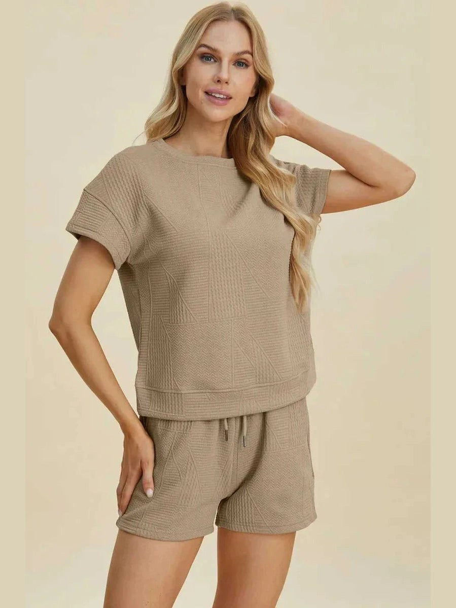 Double Take Full Size Texture Short Sleeve Top and Shorts Set -- 