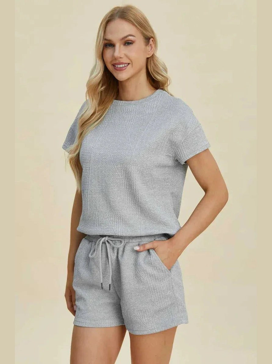 Double Take Full Size Texture Short Sleeve Top and Shorts Set -- 