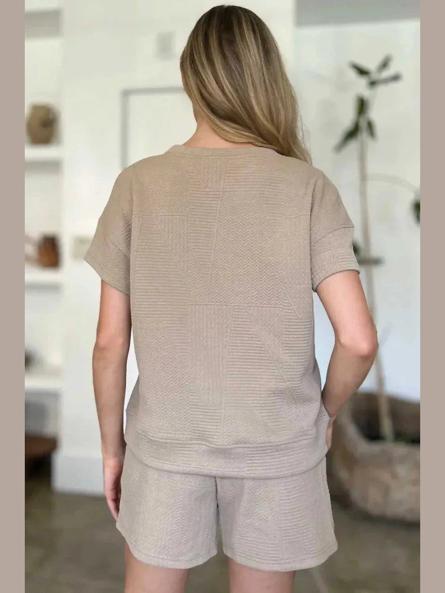 Double Take Full Size Texture Short Sleeve Top and Shorts Set -- 