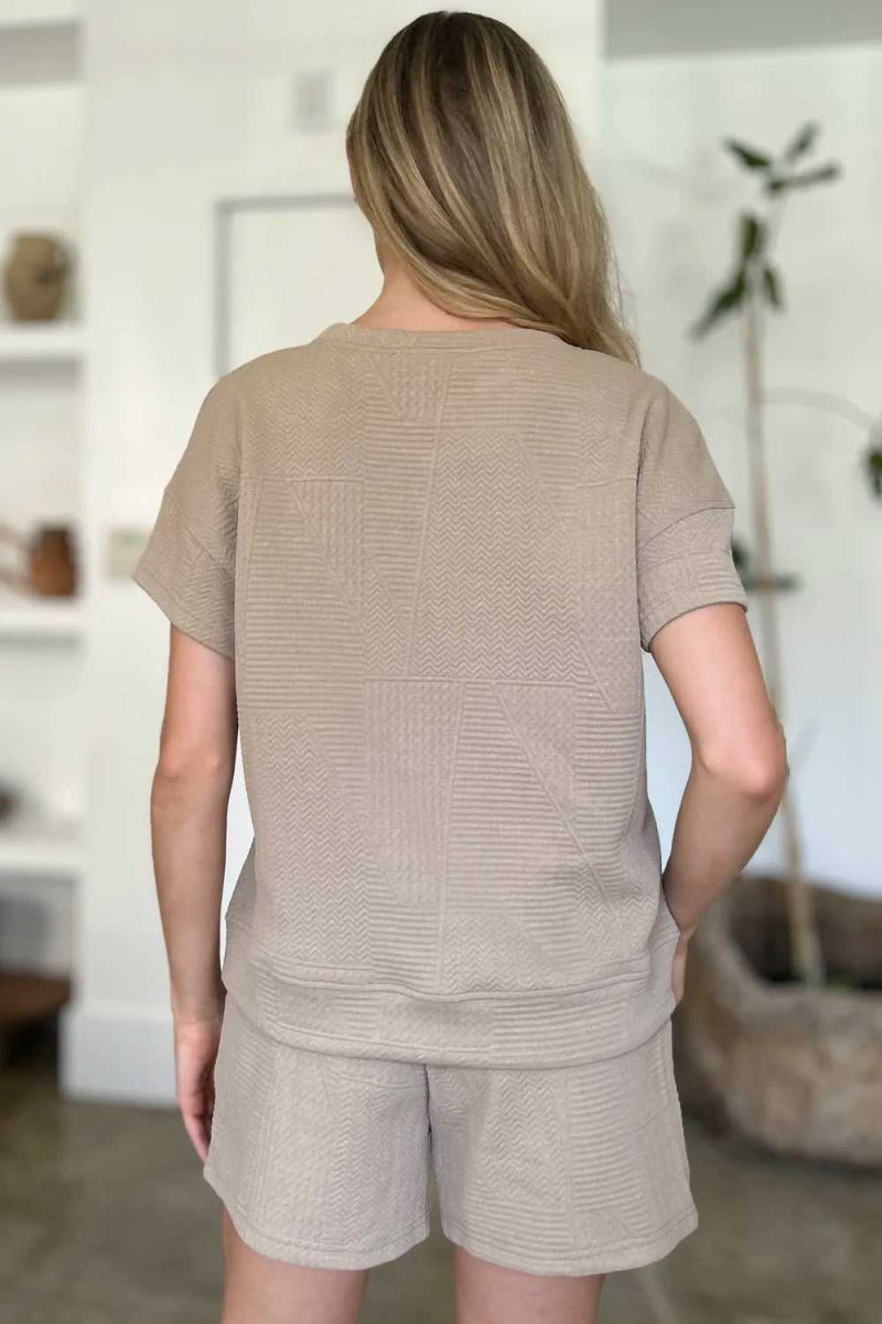 Double Take Full Size Texture Short Sleeve Top and Shorts Set - Hopeford Streams