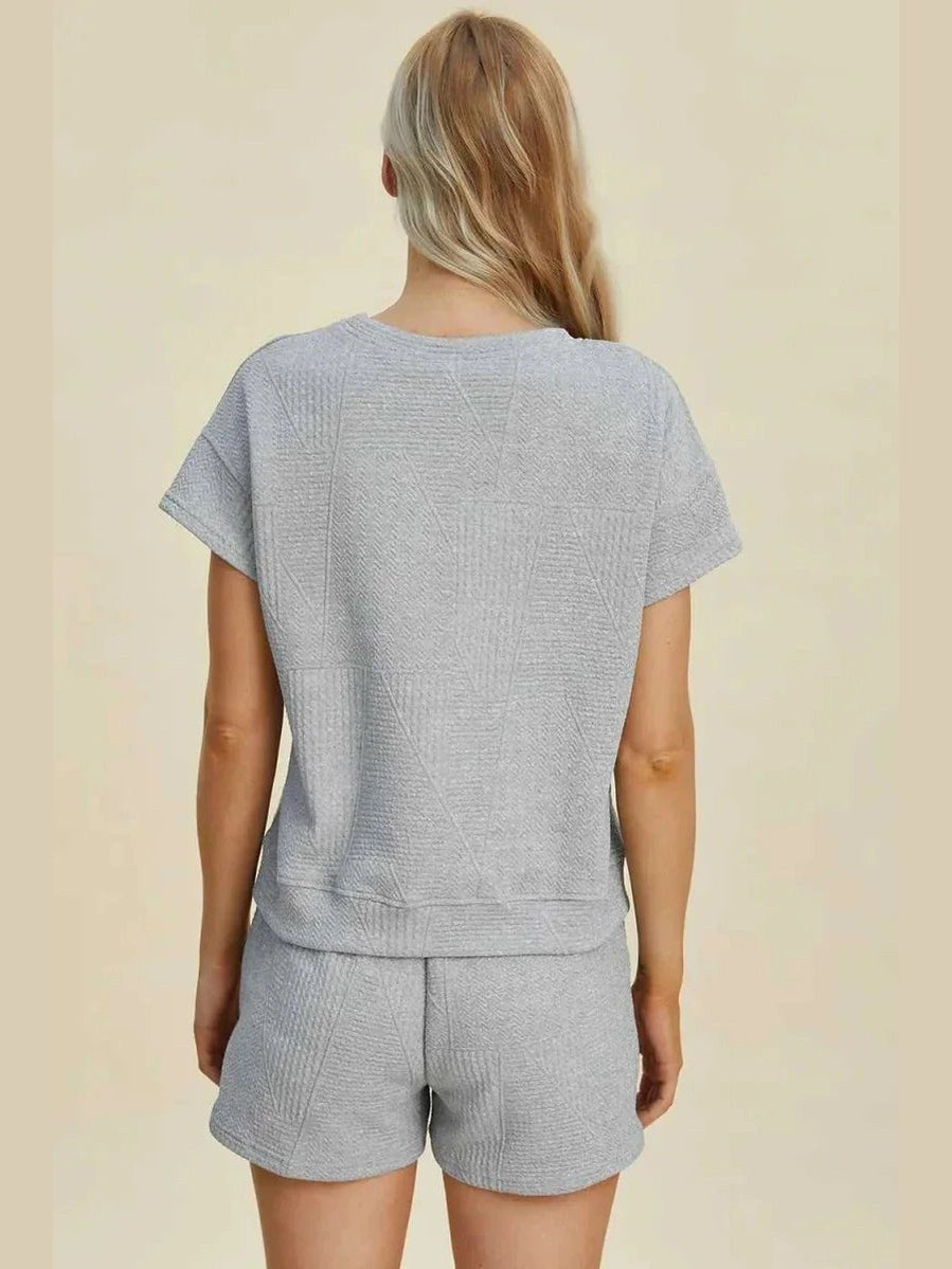 Double Take Full Size Texture Short Sleeve Top and Shorts Set -- 