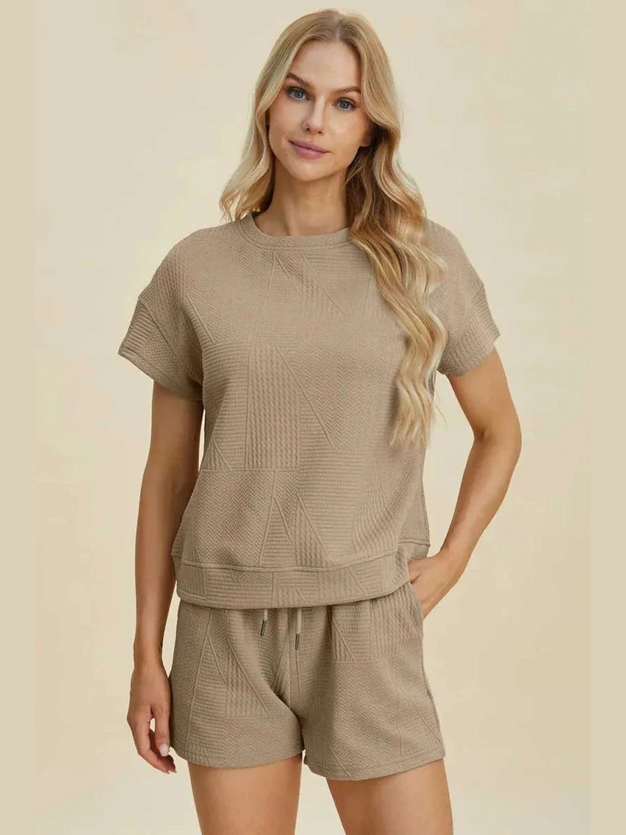 Double Take Full Size Texture Short Sleeve Top and Shorts Set -- 