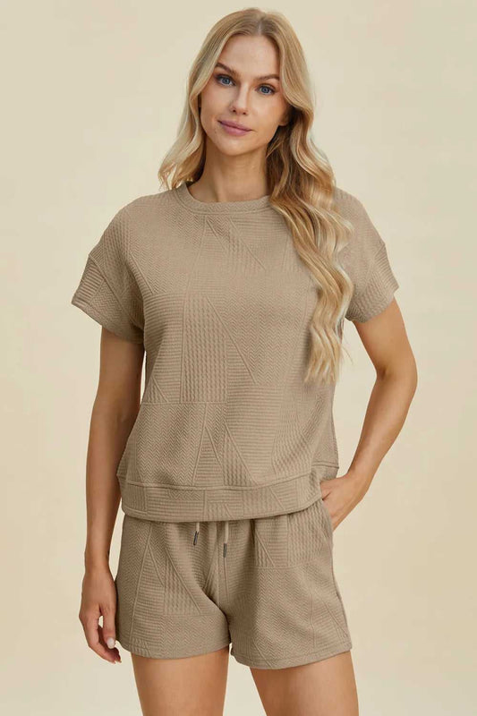 Double Take Full Size Texture Short Sleeve Top and Shorts Set - Hopeford Streams
