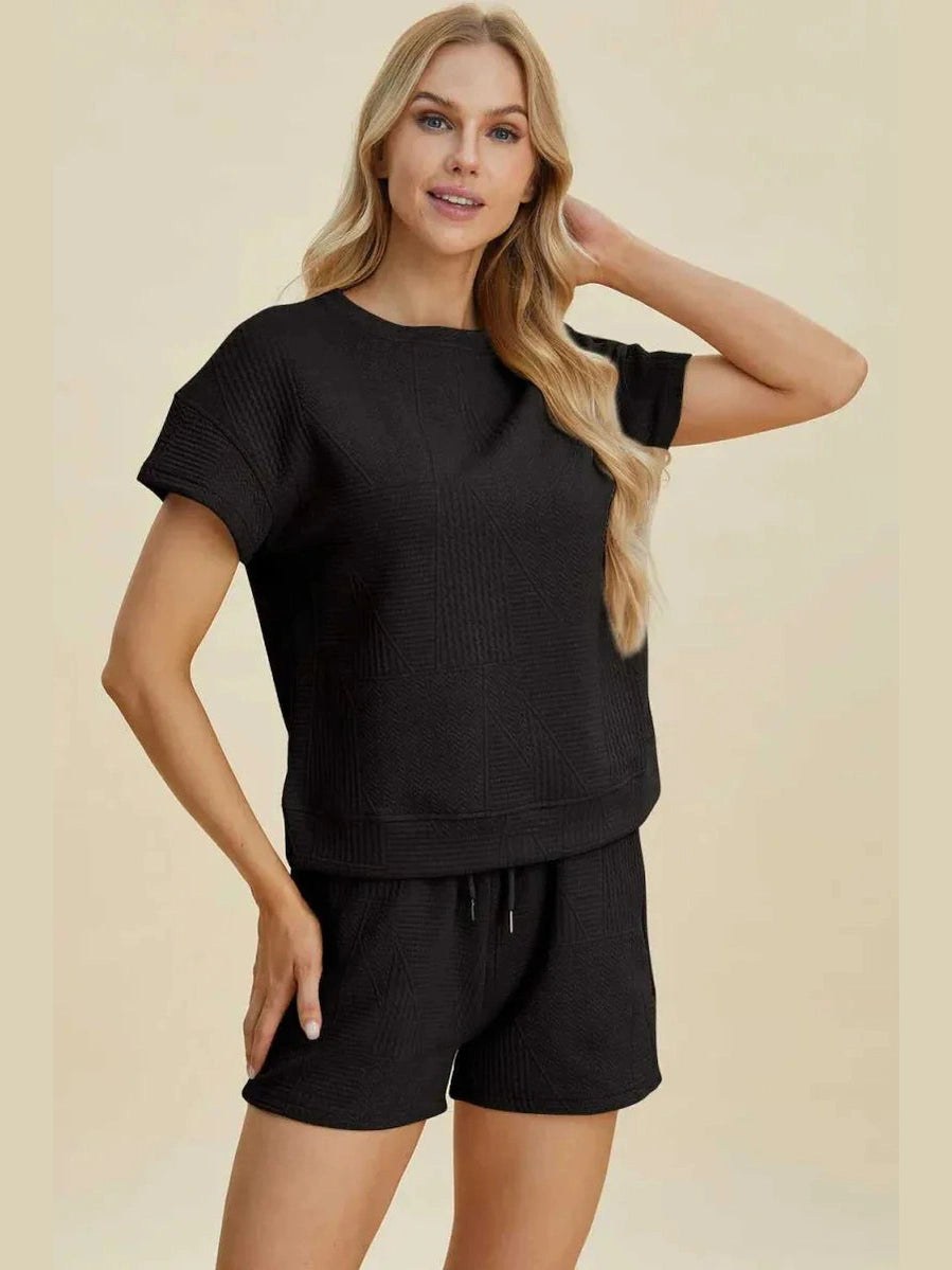 Double Take Full Size Texture Short Sleeve Top and Shorts Set -- 