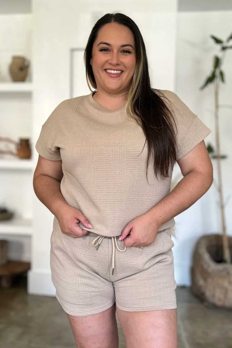 Double Take Full Size Texture Short Sleeve Top and Shorts Set - Hopeford Streams
