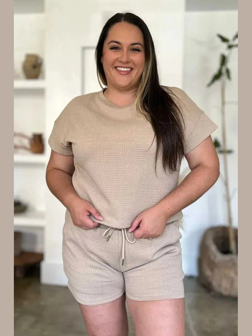 Double Take Full Size Texture Short Sleeve Top and Shorts Set -- 