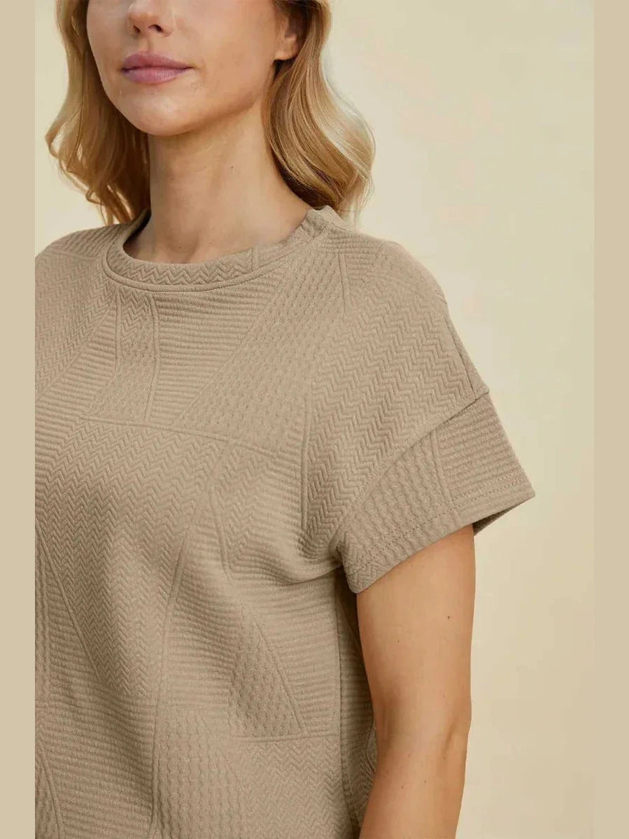 Double Take Full Size Texture Short Sleeve Top and Shorts Set -- 