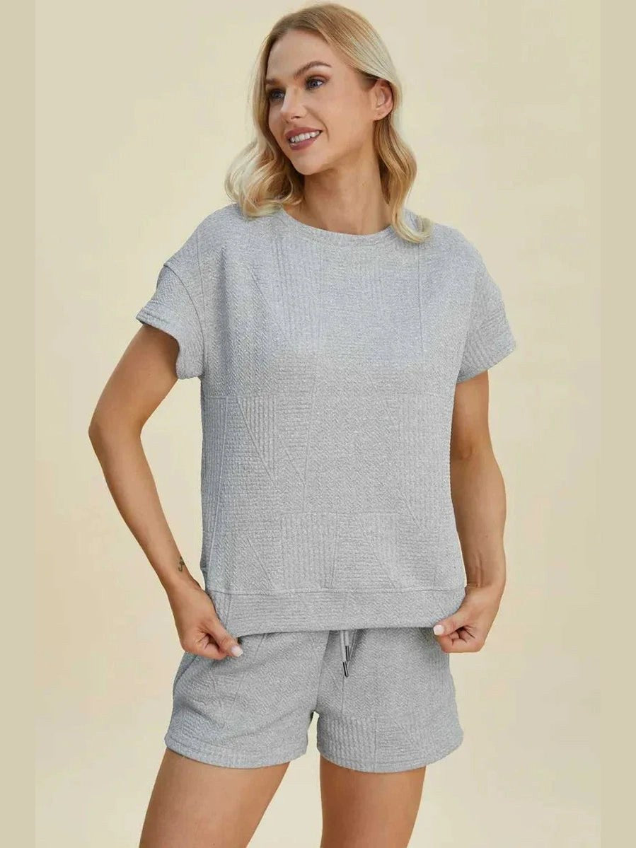 Double Take Full Size Texture Short Sleeve Top and Shorts Set -- 