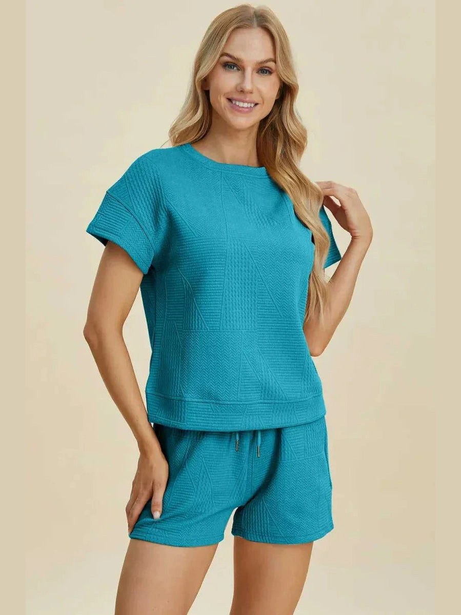 Double Take Full Size Texture Short Sleeve Top and Shorts Set -- 