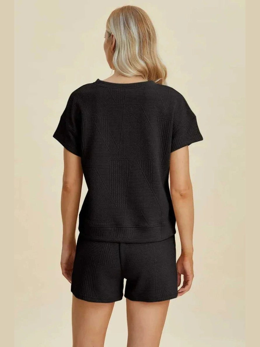 Double Take Full Size Texture Short Sleeve Top and Shorts Set -- 