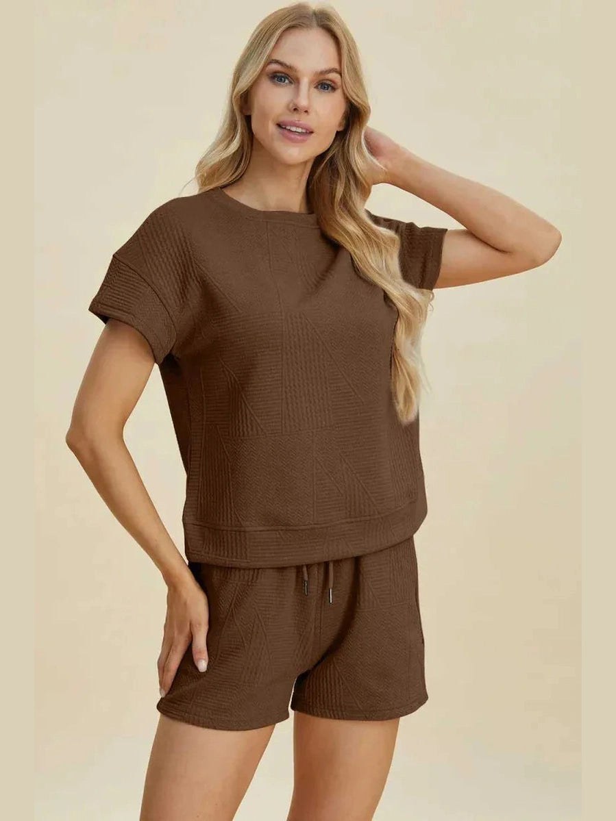 Double Take Full Size Texture Short Sleeve Top and Shorts Set -- 