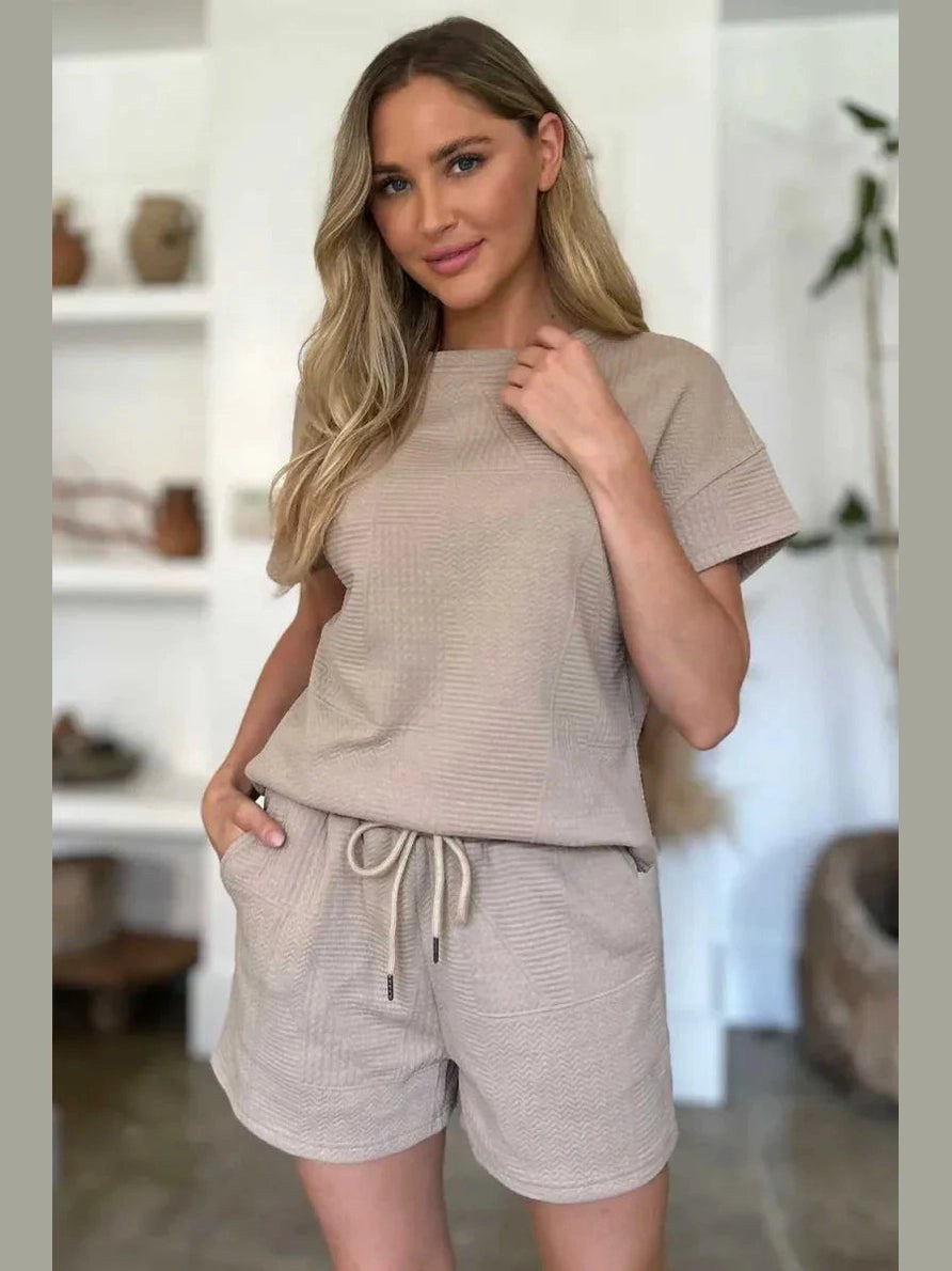 Double Take Full Size Texture Short Sleeve Top and Shorts Set -- 