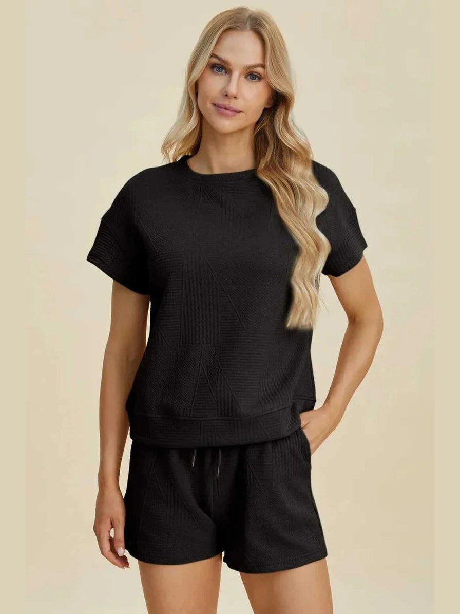 Double Take Full Size Texture Short Sleeve Top and Shorts Set -- 