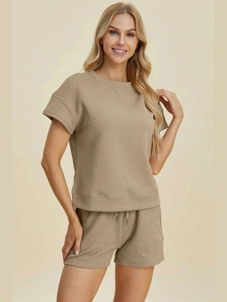 Double Take Full Size Texture Short Sleeve Top and Shorts Set -- 