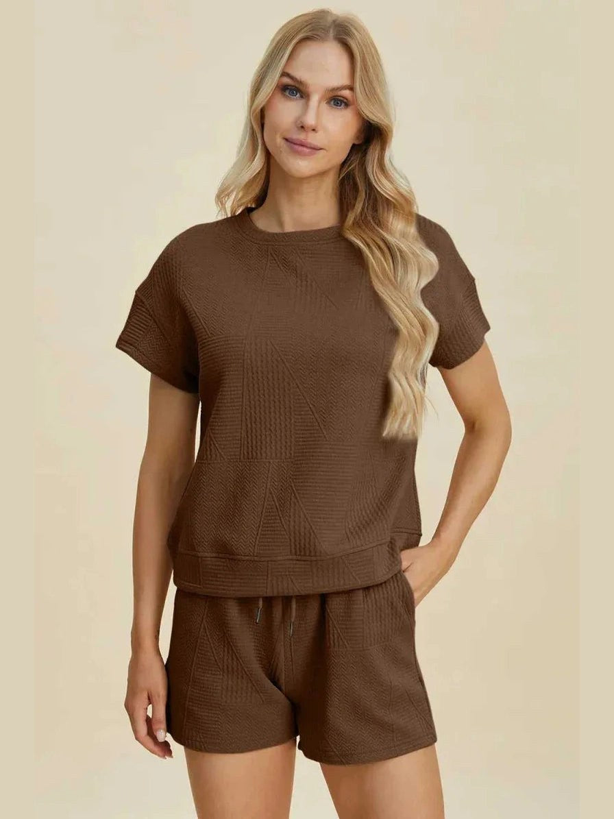 Double Take Full Size Texture Short Sleeve Top and Shorts Set -- 