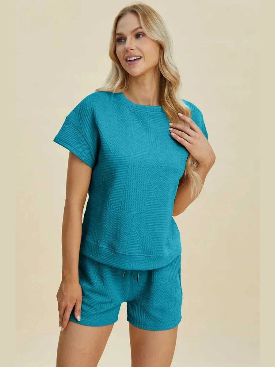 Double Take Full Size Texture Short Sleeve Top and Shorts Set -- 