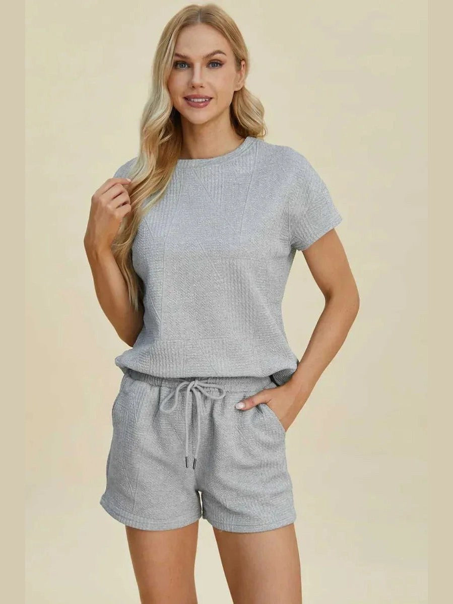 Double Take Full Size Texture Short Sleeve Top and Shorts Set -- 