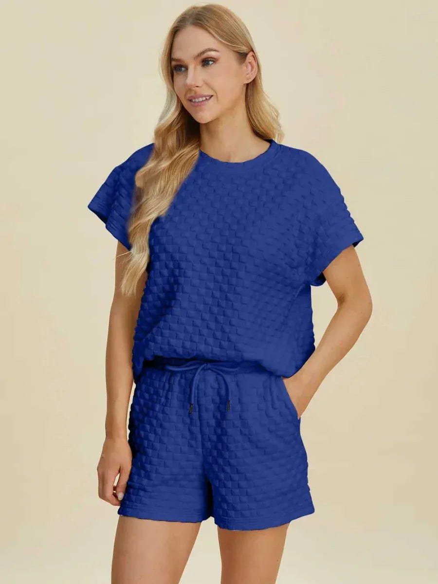 Double Take Full Size Texture T-Shirt and Shorts Set -- 