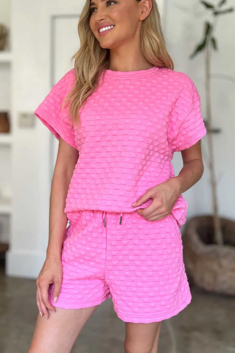 Double Take Full Size Texture T-Shirt and Shorts Set - Hopeford Streams
