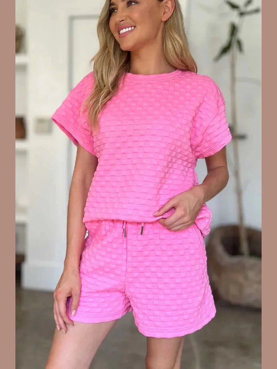 Double Take Full Size Texture T-Shirt and Shorts Set -- 
