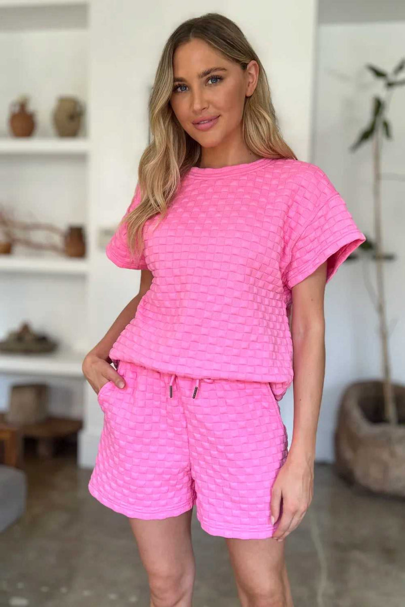 Double Take Full Size Texture T-Shirt and Shorts Set - Hopeford Streams