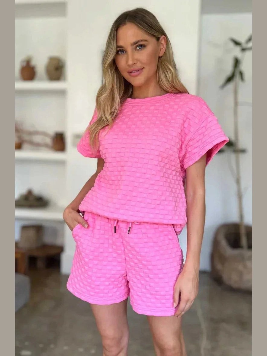 Double Take Full Size Texture T-Shirt and Shorts Set -- 