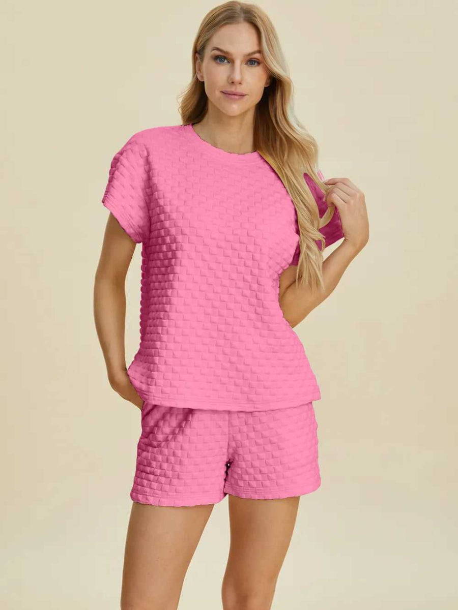 Double Take Full Size Texture T-Shirt and Shorts Set - Hopeford Streams