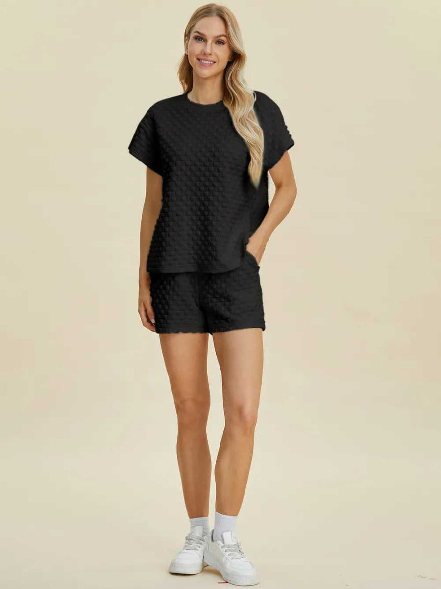 Double Take Full Size Texture T-Shirt and Shorts Set - Hopeford Streams