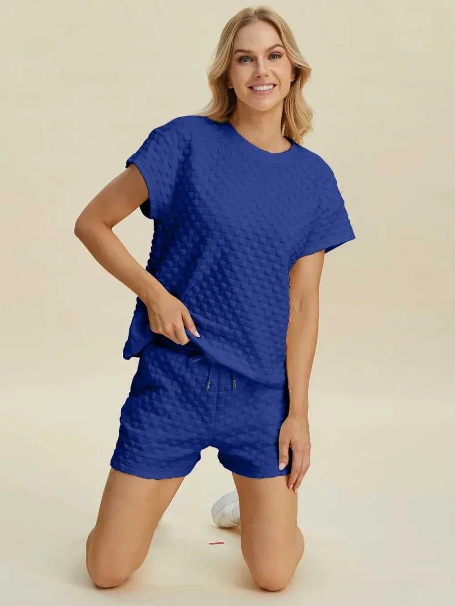 Double Take Full Size Texture T-Shirt and Shorts Set -- 