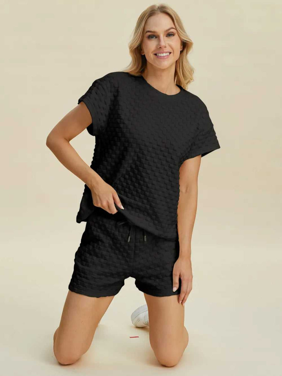 Double Take Full Size Texture T-Shirt and Shorts Set - Hopeford Streams