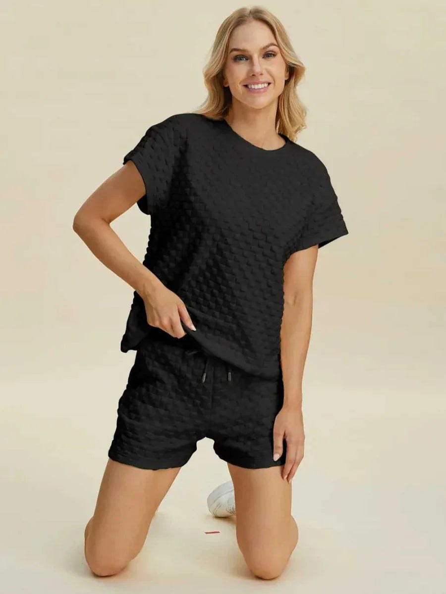 Double Take Full Size Texture T-Shirt and Shorts Set -- 