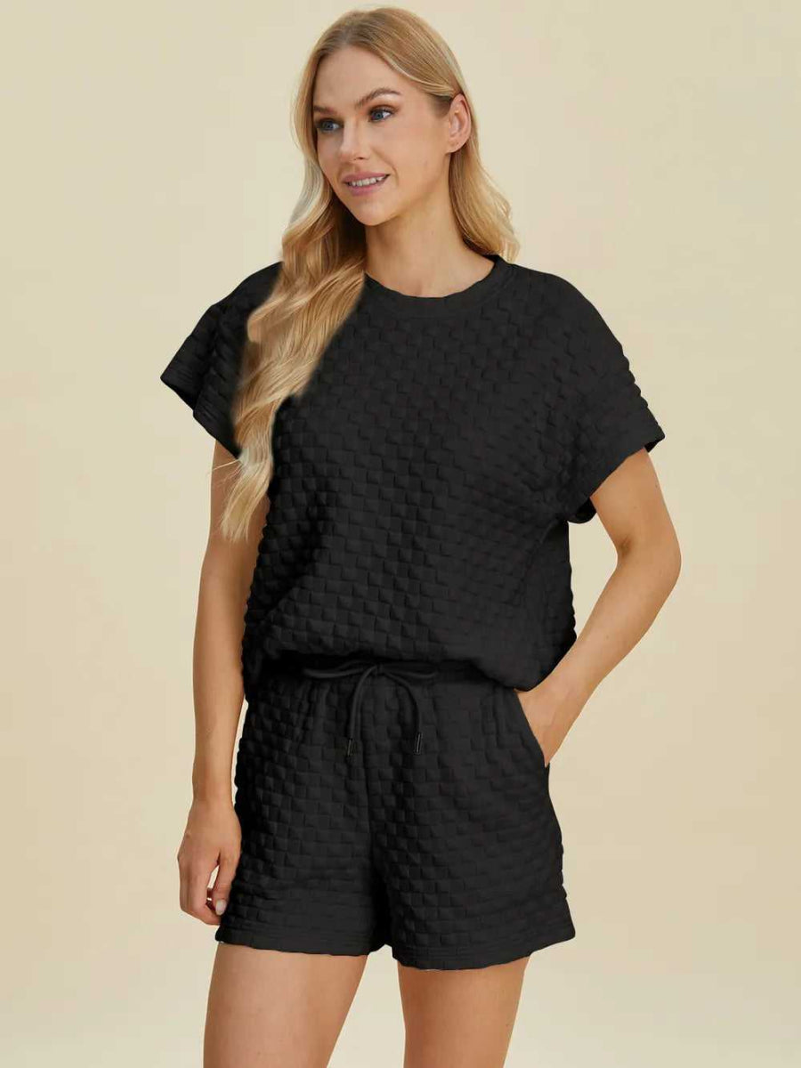 Double Take Full Size Texture T-Shirt and Shorts Set - Hopeford Streams