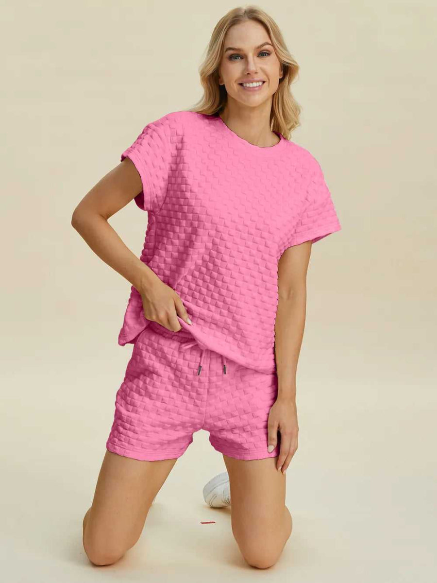 Double Take Full Size Texture T-Shirt and Shorts Set - Hopeford Streams