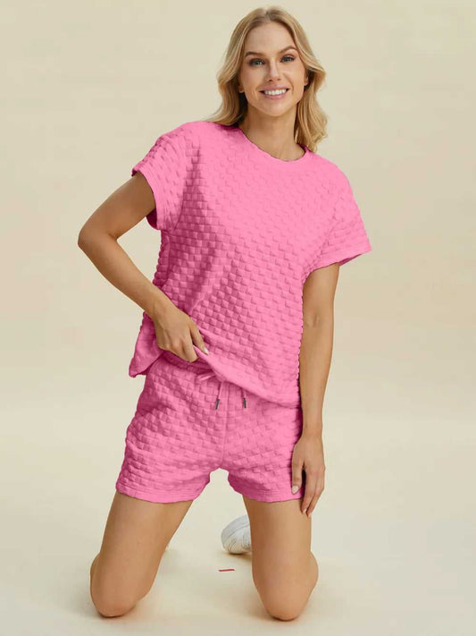 Double Take Full Size Texture T-Shirt and Shorts Set - Hopeford Streams