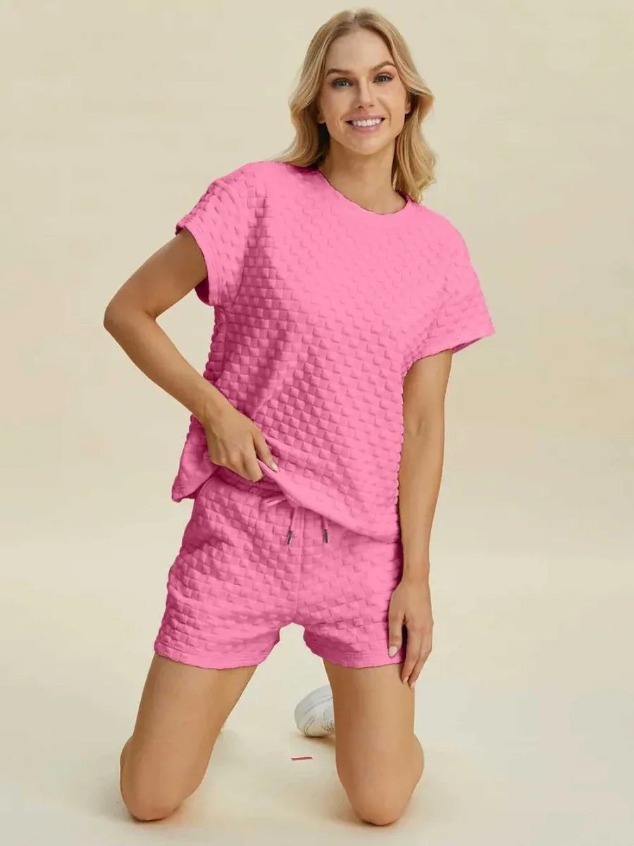 Double Take Full Size Texture T-Shirt and Shorts Set -- 