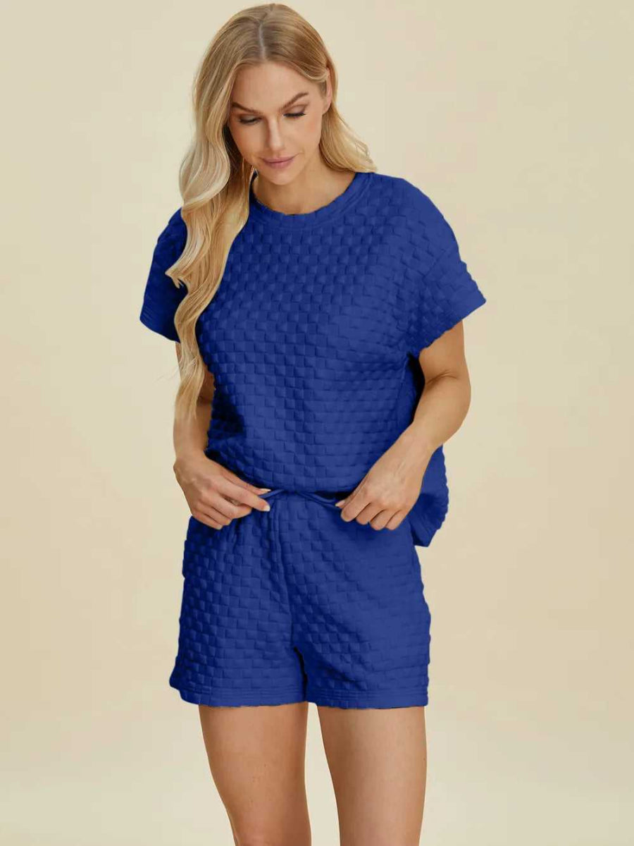 Double Take Full Size Texture T-Shirt and Shorts Set - Hopeford Streams