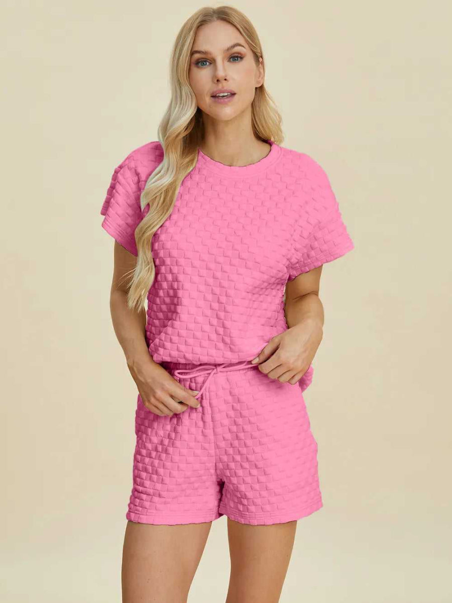 Double Take Full Size Texture T-Shirt and Shorts Set - Hopeford Streams