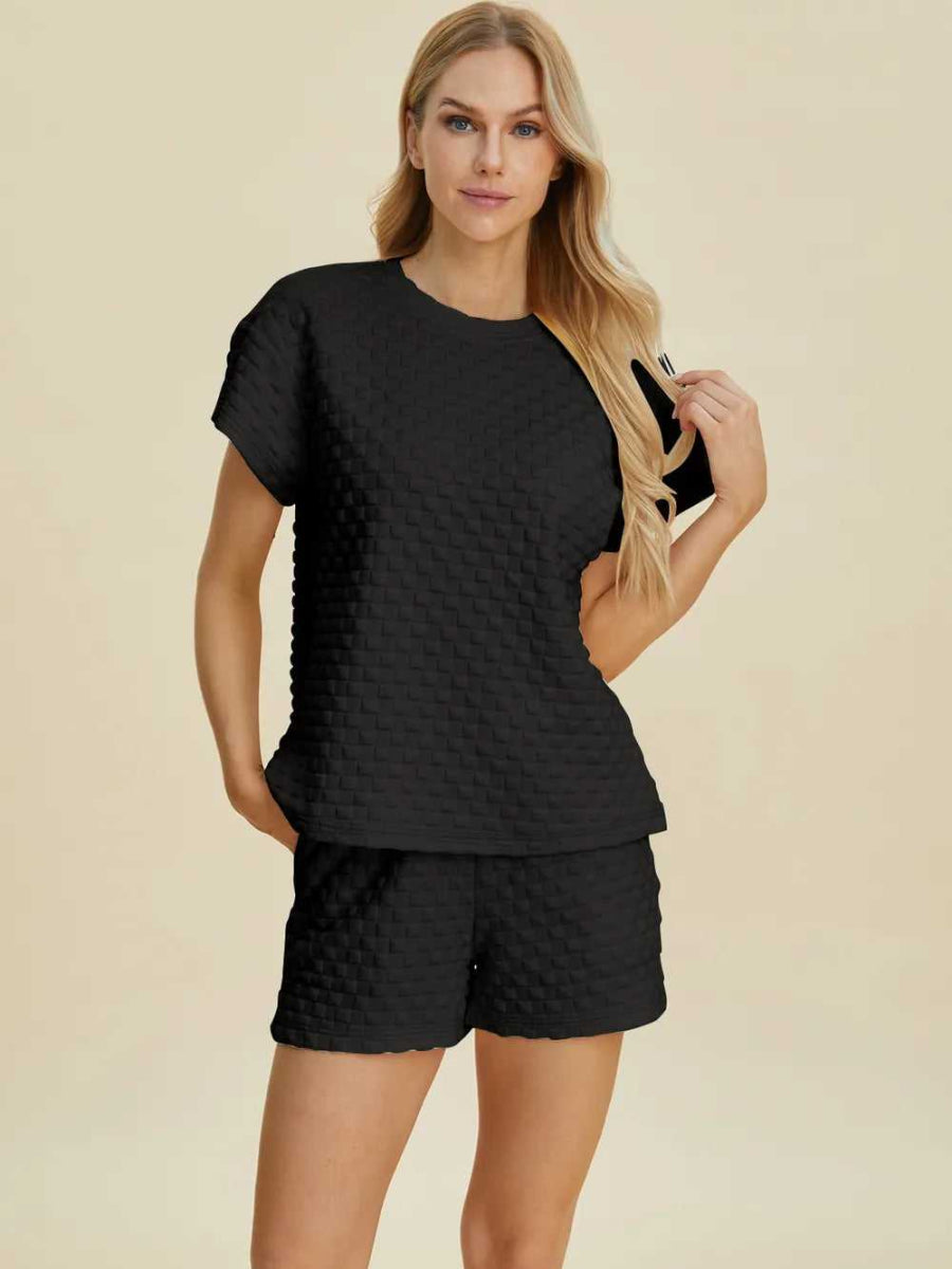 Double Take Full Size Texture T-Shirt and Shorts Set - Hopeford Streams