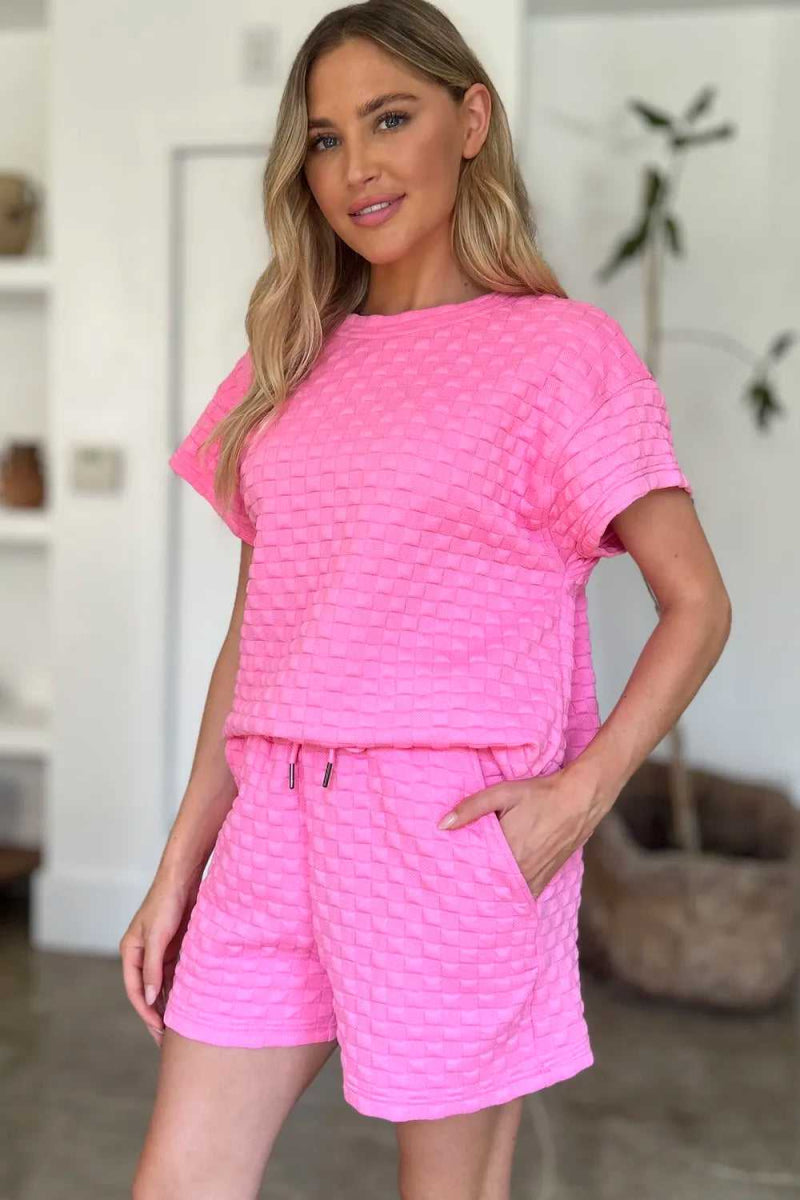 Double Take Full Size Texture T-Shirt and Shorts Set - Hopeford Streams