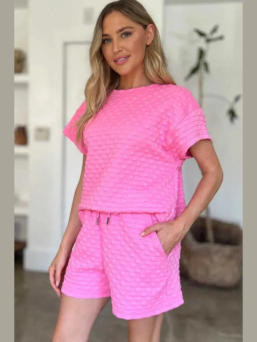 Double Take Full Size Texture T-Shirt and Shorts Set -- 